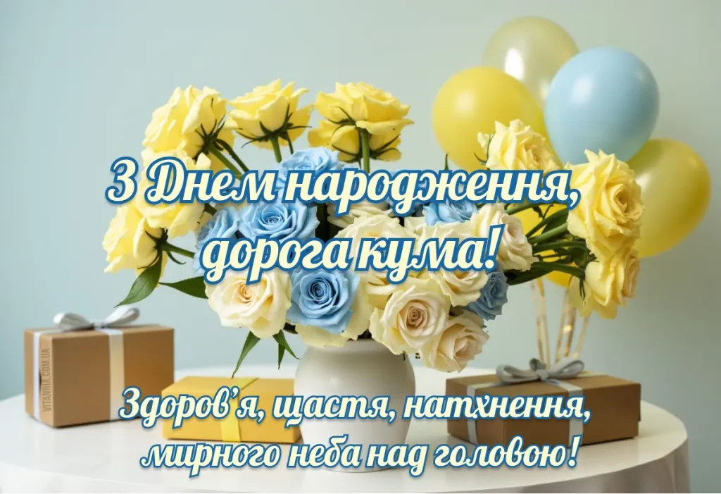 Сучасне привітання з днем народження кумі, мирного неба в українському стилі