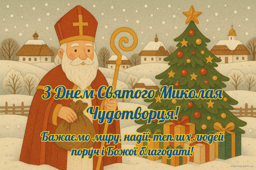 Нова листівка з Днем Святого Миколая 2025 із щирими словами привітання та побажання миру 2025 українською