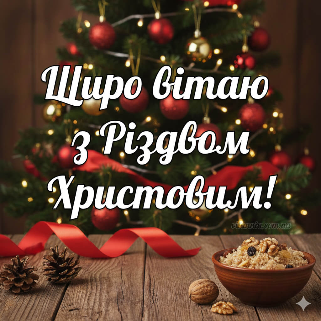 Щиро вітаю з Різдвом Христовим 2026 святкова картинка листівка з кутею для родинних привітань миру тепла та злагоди