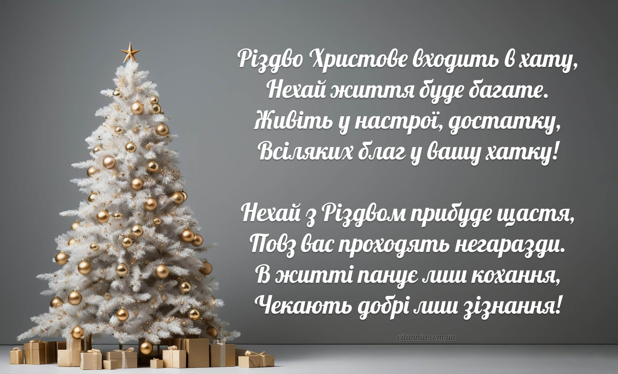 Вірш з Різдвом Христовим 2026 святкова картинка листівка з ялинкою для щирих родинних привітань з Різдвом Христовим Україно